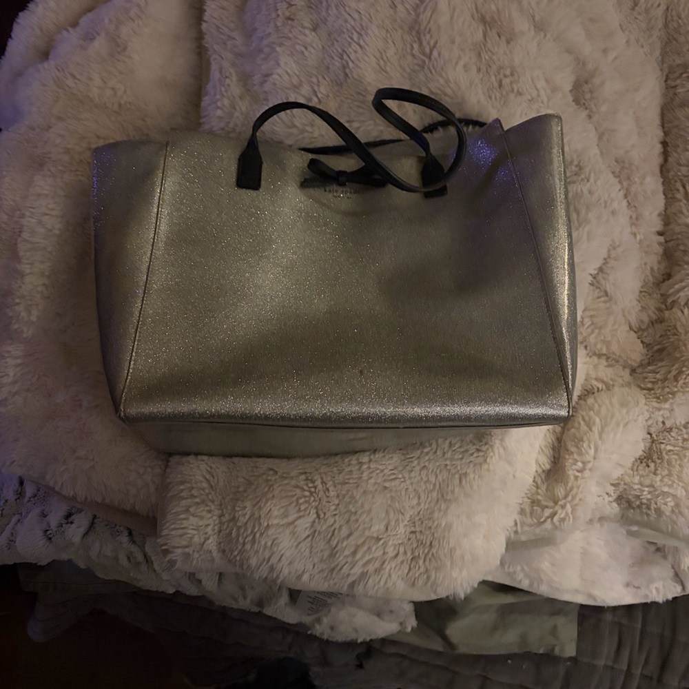 kate spade Silver Glitter Tote with Black Handles